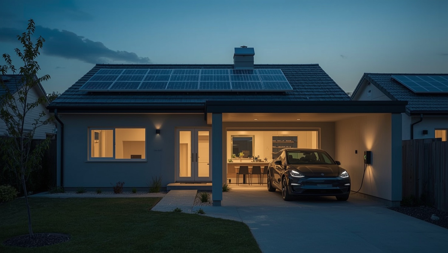 Haus mit Solaranlage am Abend, Elektroauto im Carport an der Wallbox