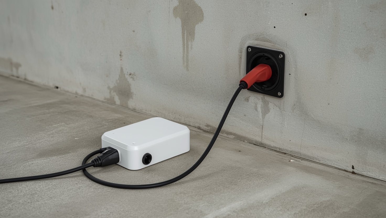 Mobiles Ladegerät an einer roten Starkstromsteckdose in der Garage
