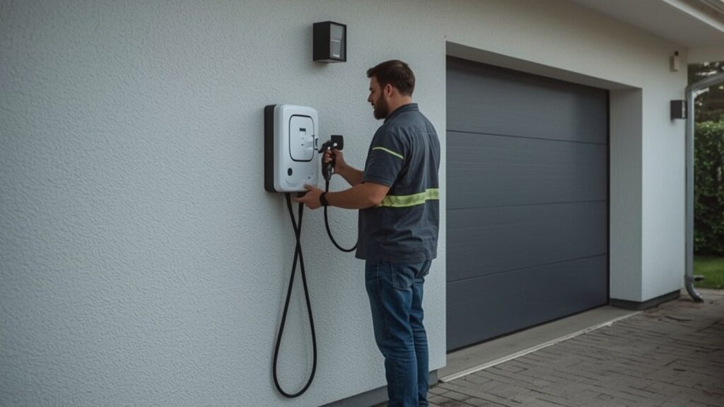 Elektriker installiert eine Wallbox an der Garagenwand – Wallbox beim Netzbetreiber anmelden