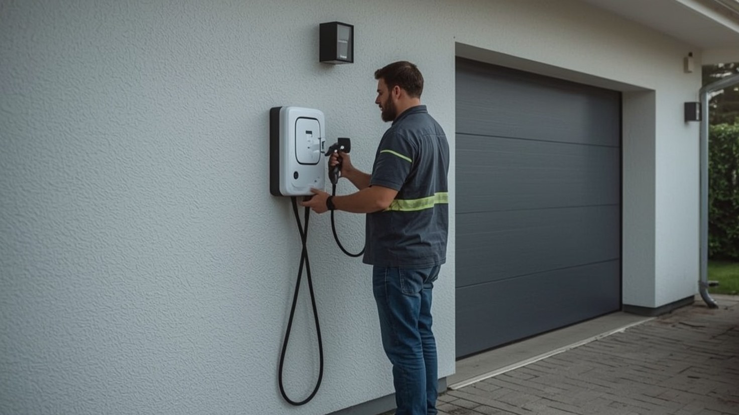 Elektriker installiert eine Wallbox an der Garagenwand eines Einfamilienhauses