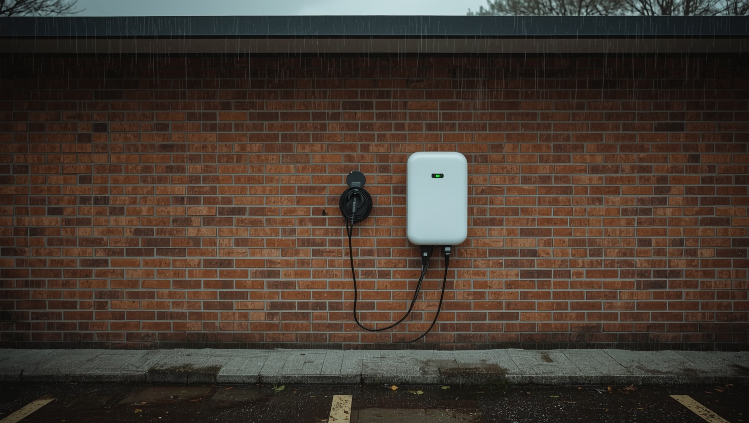 Wallbox an einer Ziegelwand im Freien bei Regen