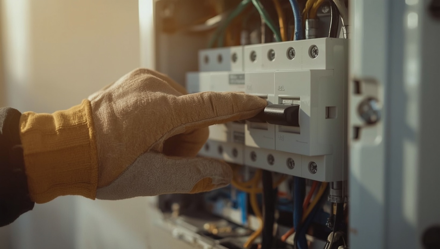 Elektriker mit Handschuh betätigt einen Schalter im Sicherungskasten