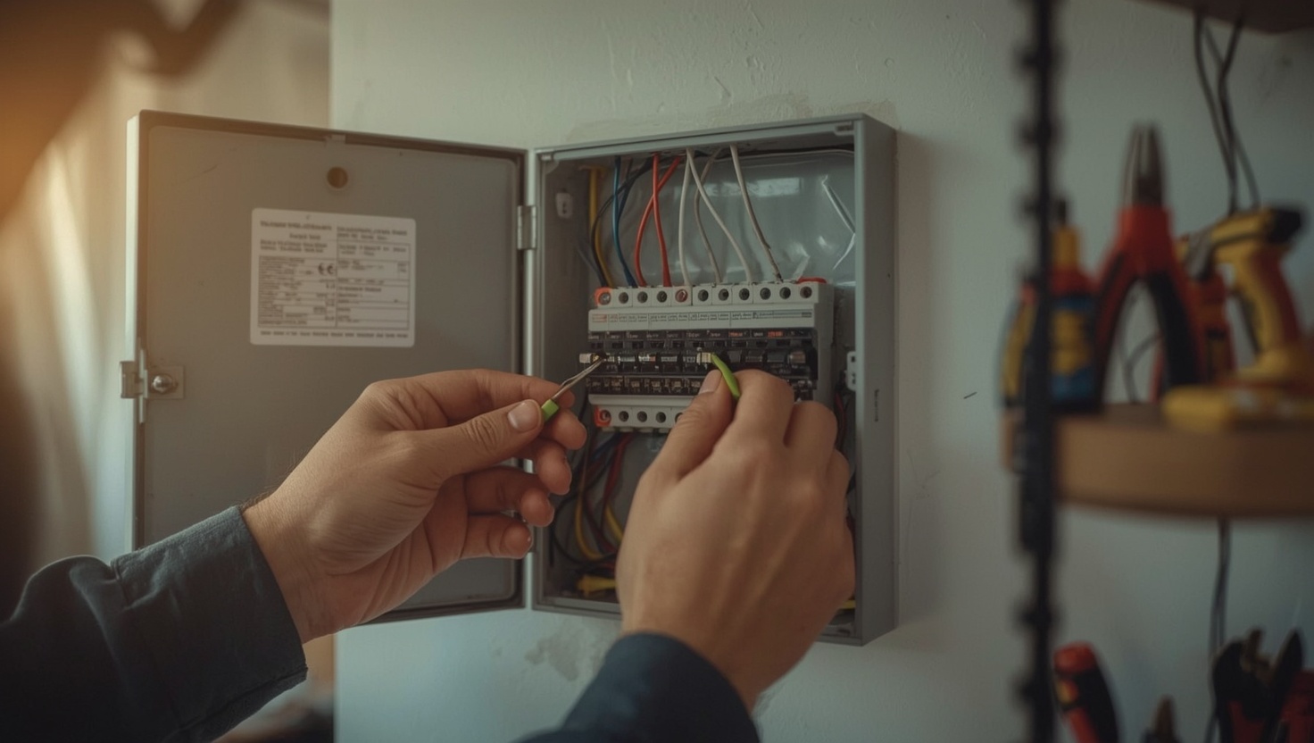 Elektriker arbeitet am geöffneten Sicherungskasten