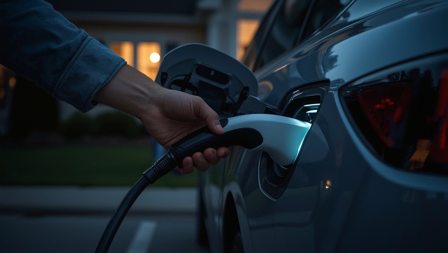 Ladestecker wird am Abend in ein Elektroauto gesteckt
