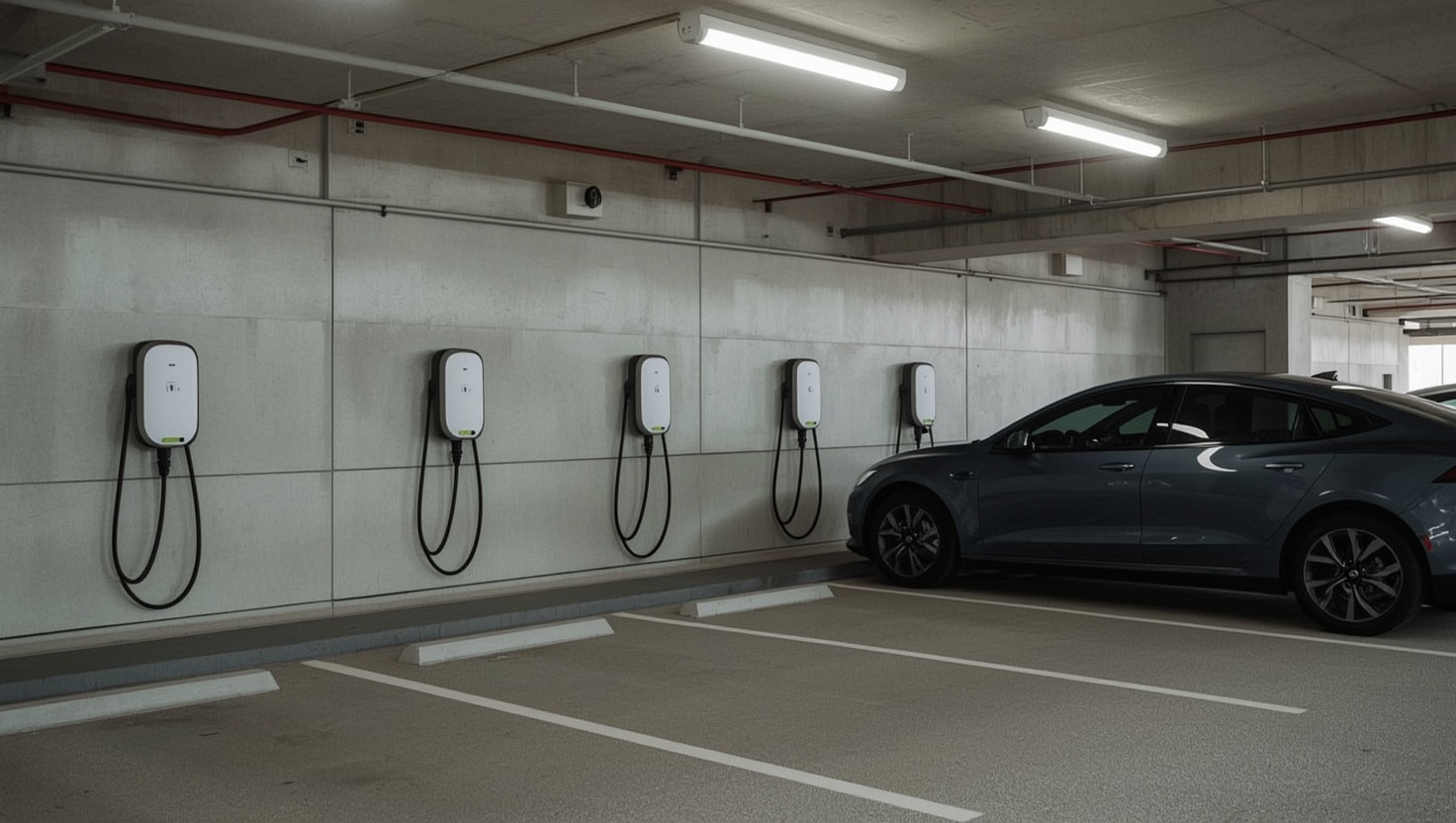 Tiefgarage eines Mehrparteienhauses mit mehreren Wallboxen
