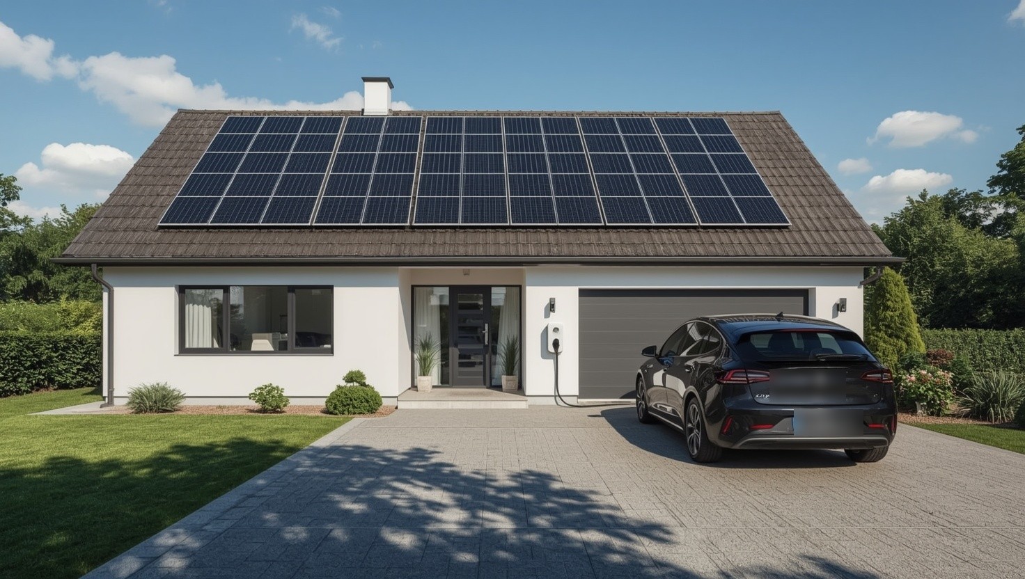 Einfamilienhaus mit Solaranlage auf dem Dach und Elektroauto in der Einfahrt